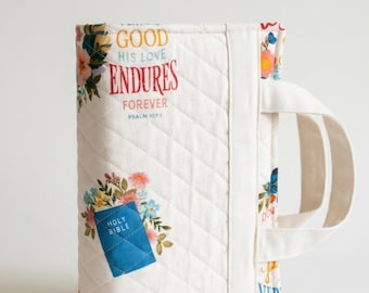 Quilted Bible Cover with Handle, Floral Scripture Case, Christian Faith Gift
