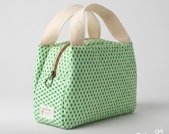 Green Geometric Handmade Insulated Lunch Bag, Reusable Tote, Picnic Carrier