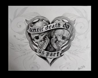 Until Death Do Us Part Drawing, Fantasy Artwork, Skull Drawing Artwork, Home Artwork Decor