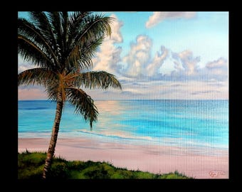 Calm Beach Acrylic Painting, Fantasy Artwork, Children's Bedroom Decor, Whimsical Artwork, Home Artwork Decor, Palm Tree Art