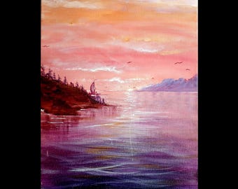Sailboat Sunset Acrylic Painting, Fantasy Artwork, Maritime Art, Children's Bedroom Decor, Whimsical Artwork, Home Artwork Decor
