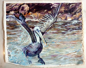 Pelican Acrylic Painting, Seascape Painting, Maritime Art, Nature Wildlife Painting, Whimsical Artwork, Home Artwork Decor