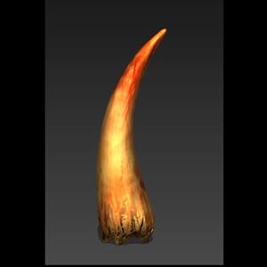 Puede incluir: Un objeto curvo en forma de cuerno, con un degradado de colores. La punta es de un rojo anaranjado vibrante, que pasa a un amarillo dorado y marrón en la base. La textura parece áspera y orgánica, sugiriendo un material natural.