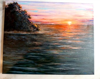 Sunset on the Lake Acrylic Painting, Seascape Artwork, Vibrant Waterscape Painting, Whimsical Artwork, Home Artwork Decor