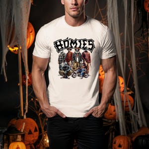 Horror Homies Halloween Sweatshirt | Cholo Style Slasher Villains Crewneck | Funny Streetwear Spooky Fall Pullover for Men or Women
