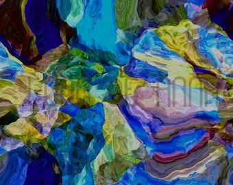 May include: Abstract painting with a mix of blue, green, yellow, and purple colors. The colors are blended together to create a swirling, textured effect.