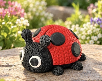 May include: A ladybug figurine with a textured, knit-like surface. The body is bright red with black circular spots, while the head, antennae, and legs are solid black. It features two large, prominent white eyes with black pupils.