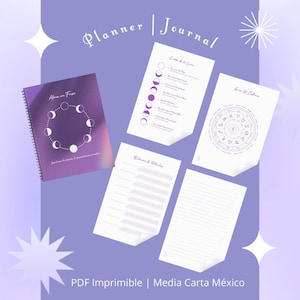 Może przedstawiać: Fioletowy zestaw planera i dziennika ze spiralnym notatnikiem z motywem faz księżyca. Zestaw zawiera kilka białych stron z motywami astrologicznymi i cyklami księżyca. Tekst zawiera "Planner | Journal" i "PDF Imprimible | Media Carta México."