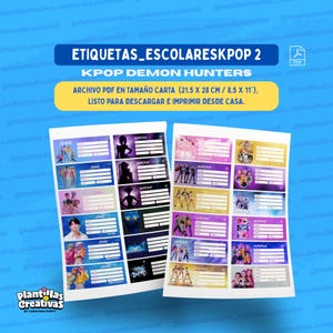 Puede incluir: Un archivo PDF digital con dos hojas de etiquetas escolares imprimibles tituladas ETIQUETAS_ESCOLARESPKOP 2 KPOP DEMON HUNTERS. Las hojas muestran etiquetas rectangulares con gráficos de K-pop, siluetas de personajes y líneas en blanco.