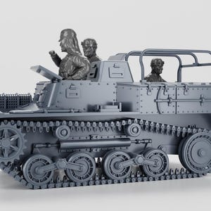 May include: A gray model of a tank with three figures inside. The tank has a detailed track system, wheels, and a protective cage. The figures are in military attire, and the tank appears to be a historical replica.