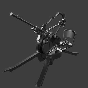 May include: A black anti-aircraft gun model featuring a long barrel, a mechanical firing mechanism, and a small seat with a steering wheel. The structure is supported by three angled legs extending from a central circular base on a dark background.