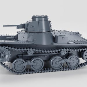 May include: A gray model tank with a rotating turret, a long gun barrel, and visible tracks and wheels. The tank has a detailed design with rivets and hatches, and is set against a plain white background.