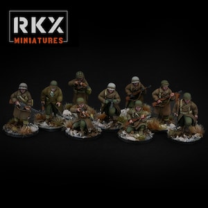 May include: Miniature figurines of soldiers in winter uniforms, posed on circular bases. The figures are painted in shades of green, brown, and tan, with detailed weaponry and equipment. The logo "RKY MINIATURES" is in the top left corner.