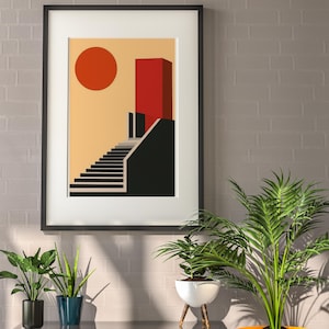 Modern Architecture Print, Bauhaus Wall Art, Abstract Geometric Art, Mid Century Modern, Framed Gallery Art, Red Sun Decor