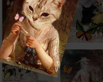 Cat Postales - Scrapbooking Suministro De imágenes vintage, Artesanía de papel, Hoja de collage digital imprimible