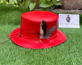 Red Leather Steampunk Hat with Feathers  Handmade Vintage Western Cowboy Hat  Burning Man, Cosplay, Festival, Gothic Costume Accessory.