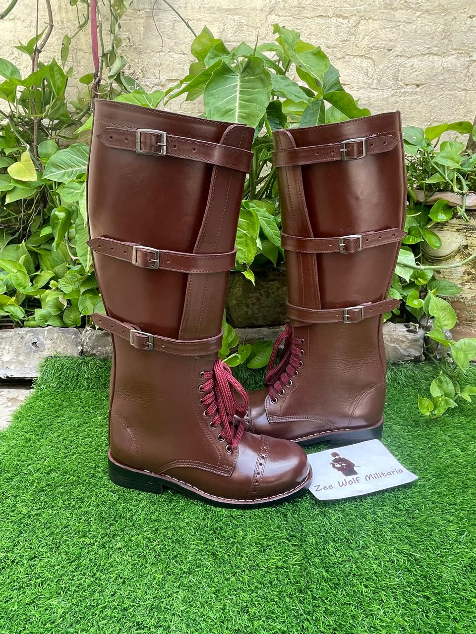 Handmade US Army Style Cavalry Leather Boots: Brown 3 Buckle