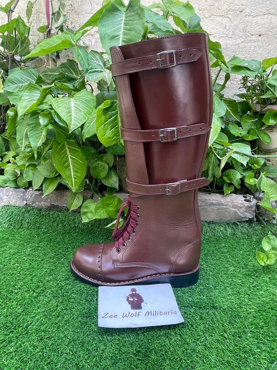 Handmade US Army Style Cavalry Leather Boots: Brown 3 Buckle