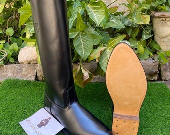 Handmade German Officer Black Leather Long Boots, Pointed Toe