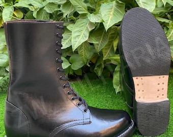 Black Leather Combat Boots, Handmade Army Style Lace-Up Military Footwear