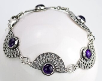 Purple amethyst bracelet, silver retro bracelet, metalwork gemstone jewelry