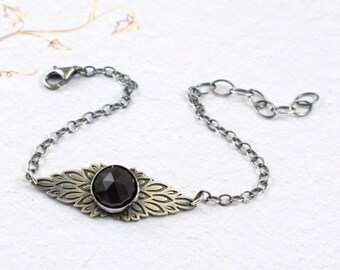 Black spinel bracelet, silver boho bracelet, wings bracelet, everyday jewelry