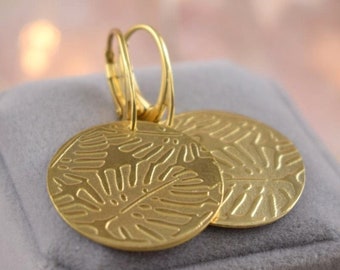 Gold plated silver circle earring, monstera pattern jewelry, textured silver