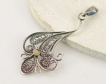 Filigree opal pendant, romantic retro pendant, metalwork jewelry, silver jewelry