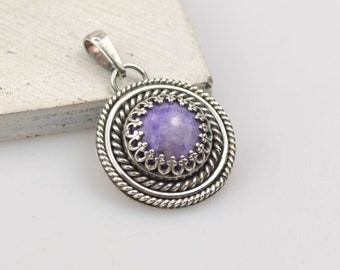 Purple charoite pendant, round retro pendant, metalwork jewelry, silver jewelry
