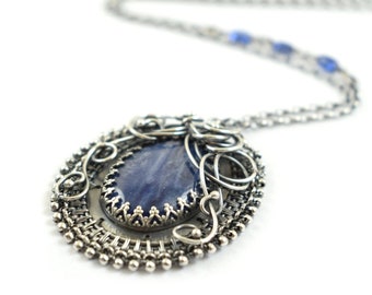 Silver retro necklace with kyanite, sterling silver jewelry, gemstone jewelry, elven necklace