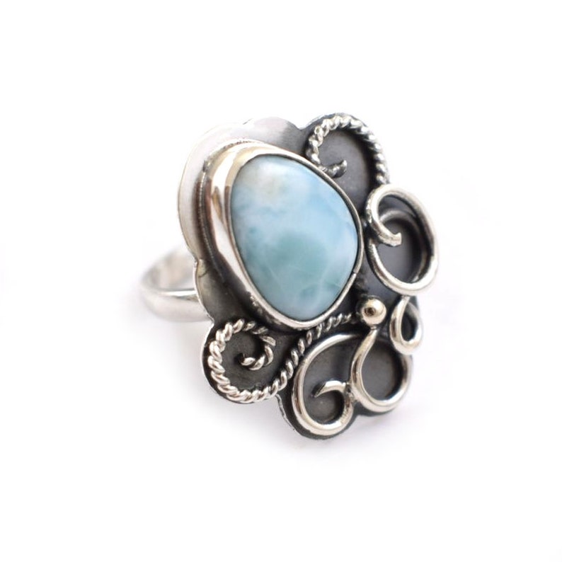 adjustable ring Larimar sterling silver ring retro metalwork statement ring