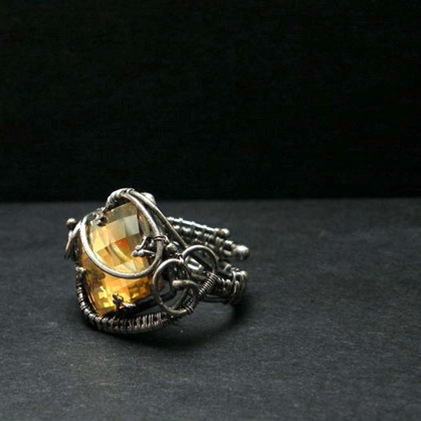 Luxury silver wire wrapped ring with gold Swarovski crystal