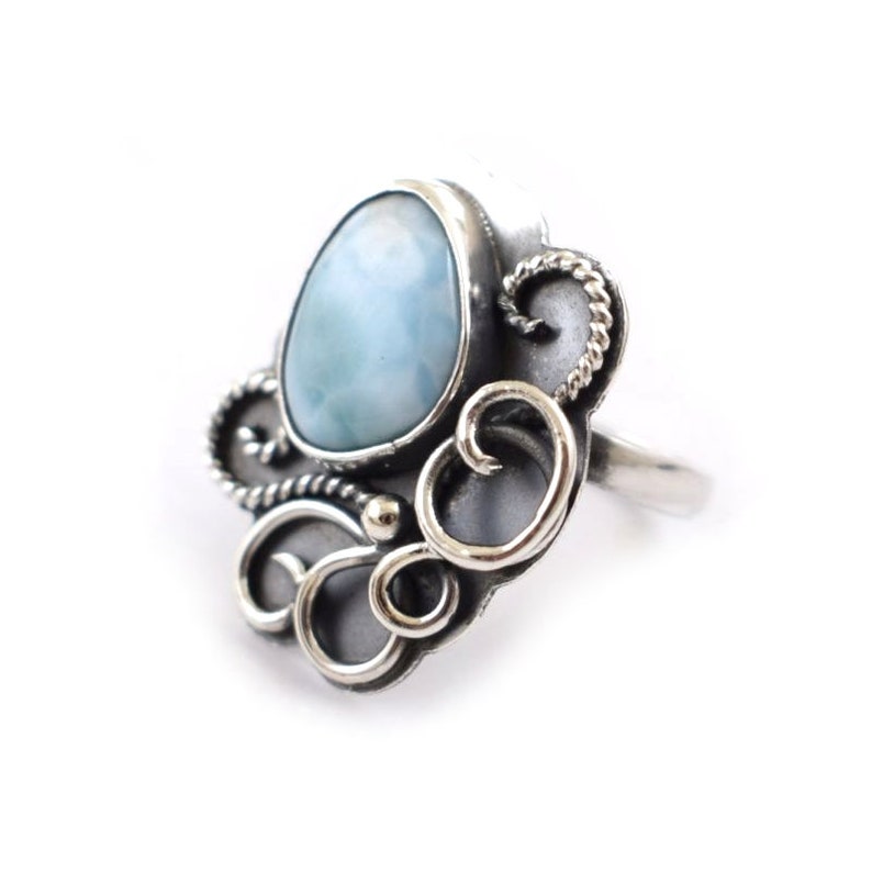 adjustable ring Larimar sterling silver ring retro metalwork statement ring