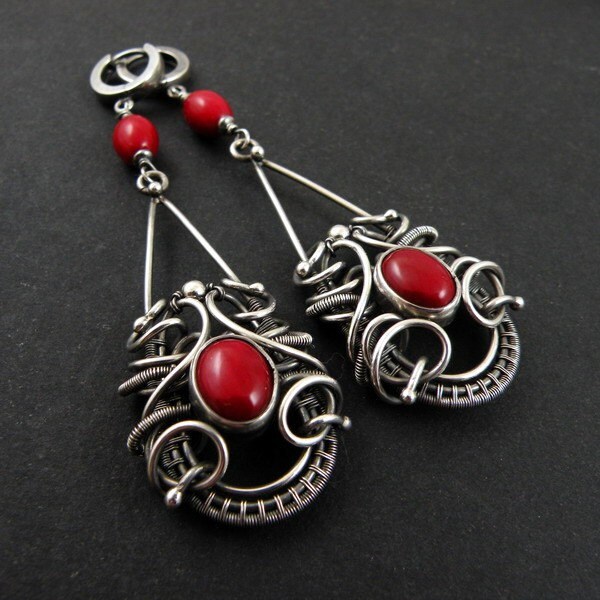 Red luxury silver earring , wire wrapped earring, long dangle earring, sterling silver jewelry, gemstone jewelry