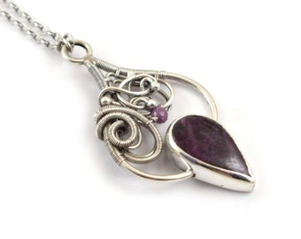 Dark ruby necklace, gemstone jewelry, wire wrapped pendant, sterling silver necklace