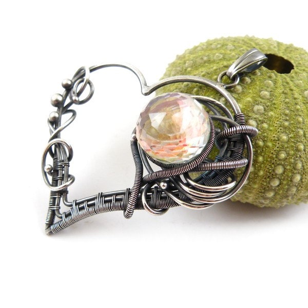 Heart wire wrapped pendant, mystic quartz jewelry, sterling silver pendant, gemstone jewelry