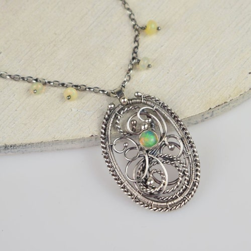 Ethiopian opal shops necklace, wire wrapped sterling silver jewelry, retro romantic jewelry