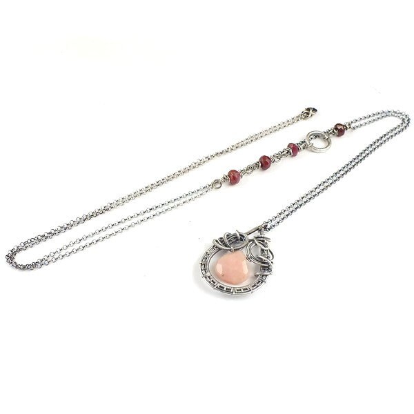 Wire wrap long necklace, pink opal and ruby jewelry, romantic jewelry, gemstone fine jewelry, sterling silver necklace