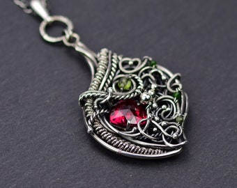 Wire wrapped bold necklace, ruby quartz sterling silver jewelry, long pendant, ooak necklace