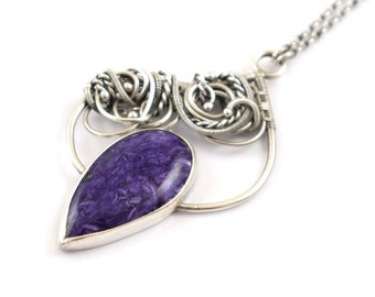 Purple charoite silver necklace, wire wrapped pendant, elven jewelry