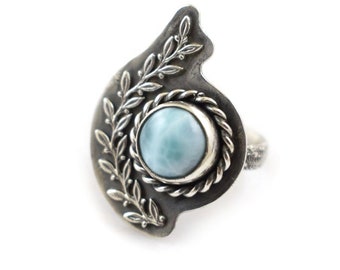 Larimar sterling silver ring, metalwork statement ring, adjustable ring