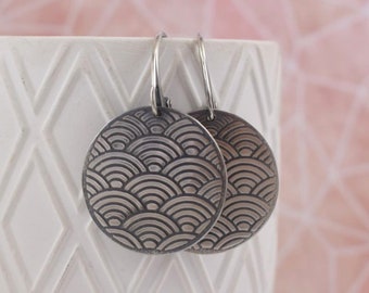 Silver circle earring, pattern jewelry, textured silver