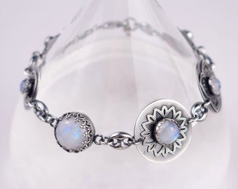 Moonstone bracelet, silver retro bracelet, metalwork gemstone jewelry
