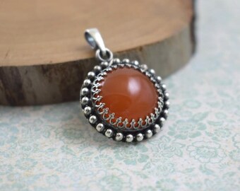 Orange carnelian pendant, retro pendant, metalwork jewelry, silver jewelry