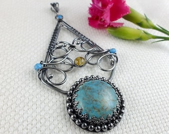 Turquoise pendant, wire wrap jewelry, statement bold jewelry, gemstone fine pendant, sterling silver metalwork jewelry