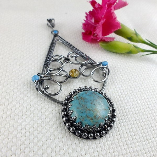 Turquoise Pendant, Wire Wrap Jewelry, Statement Bold Jewelry, Gemstone
