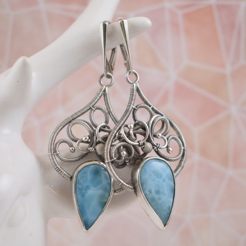 Blue larimar earring,elegant silver jewelry, luxury dangle earring image 7