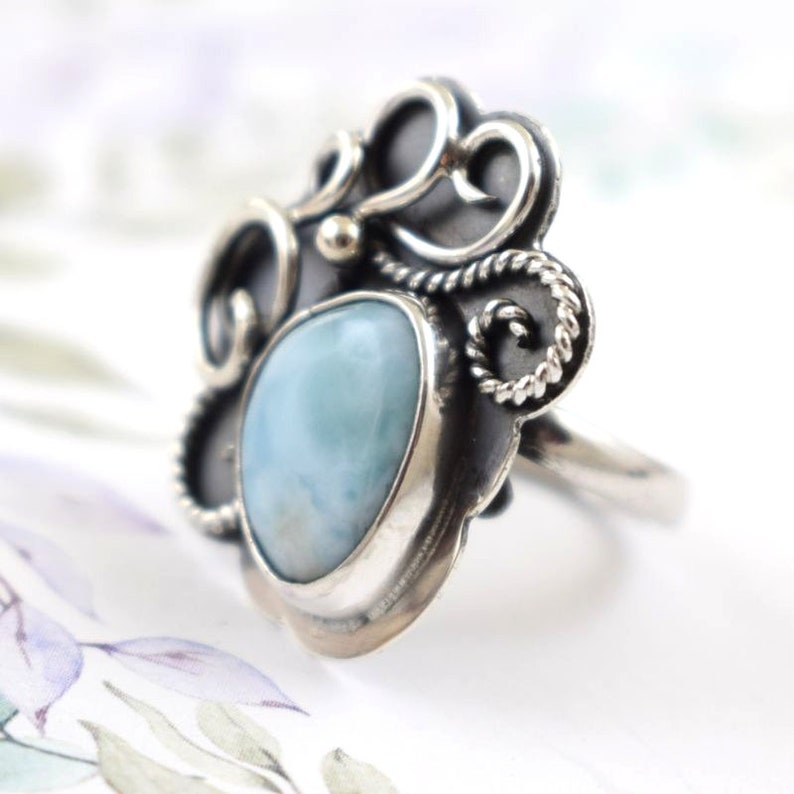 adjustable ring Larimar sterling silver ring retro metalwork statement ring