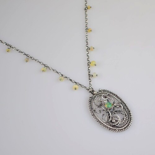 Ethiopian opal shops necklace, wire wrapped sterling silver jewelry, retro romantic jewelry