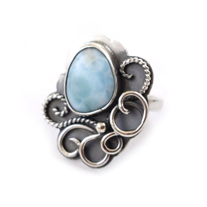 adjustable ring Larimar sterling silver ring retro metalwork statement ring